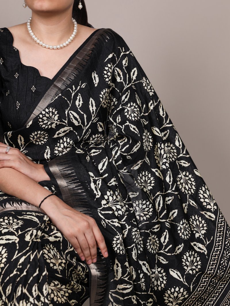 Ynf7214 Slub Silk Floral Printed With Zari Border Saree